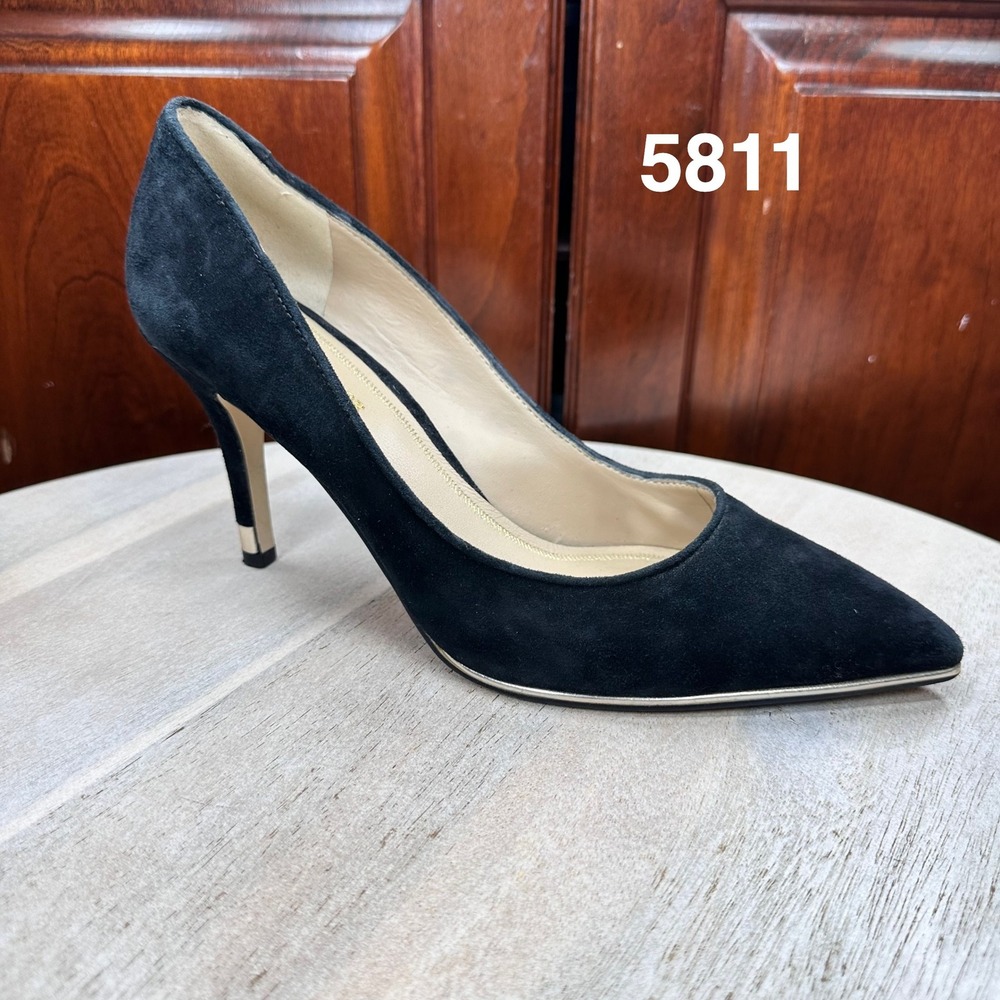 Lord & Taylor Pumps Women 8 Black Good Suede Pointed Toe Gold Trim Stiletto Heel